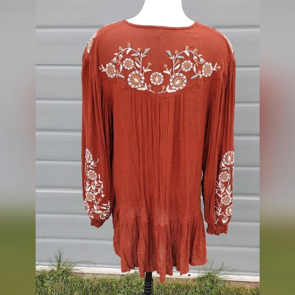 Free People Wild Dreams Embroidered Tunic Top Dress Rust Long Sleeve Peplum S - Picture 5 of 9